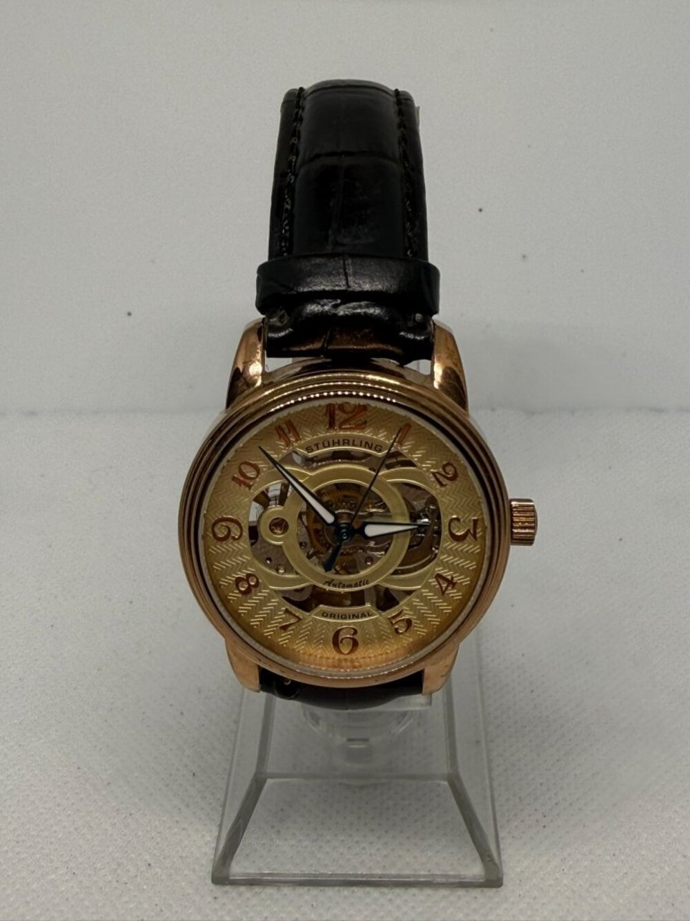 Stuhrling Original Skeleton Automatic Watch Rose Gold Case Black Leather Strap